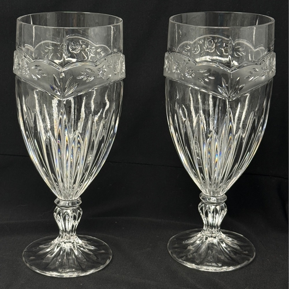 Oneida Southern Garden Iced Tea Glasses Set of 2 Frosted Floral Crystal Goblets